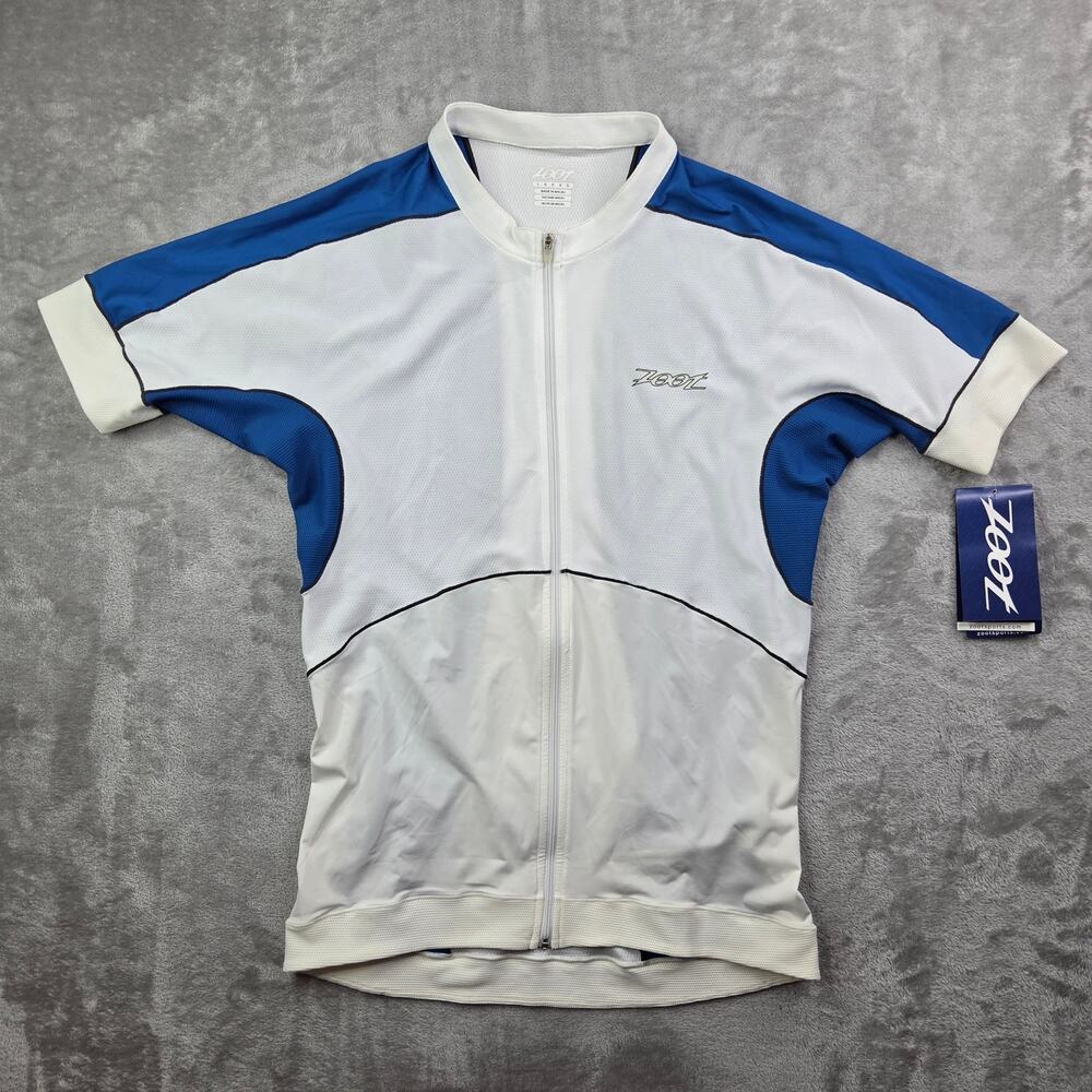 Zoot Men's Large Ultra Cycle Full Zip Cycling Jersey White Blue Performance NWT